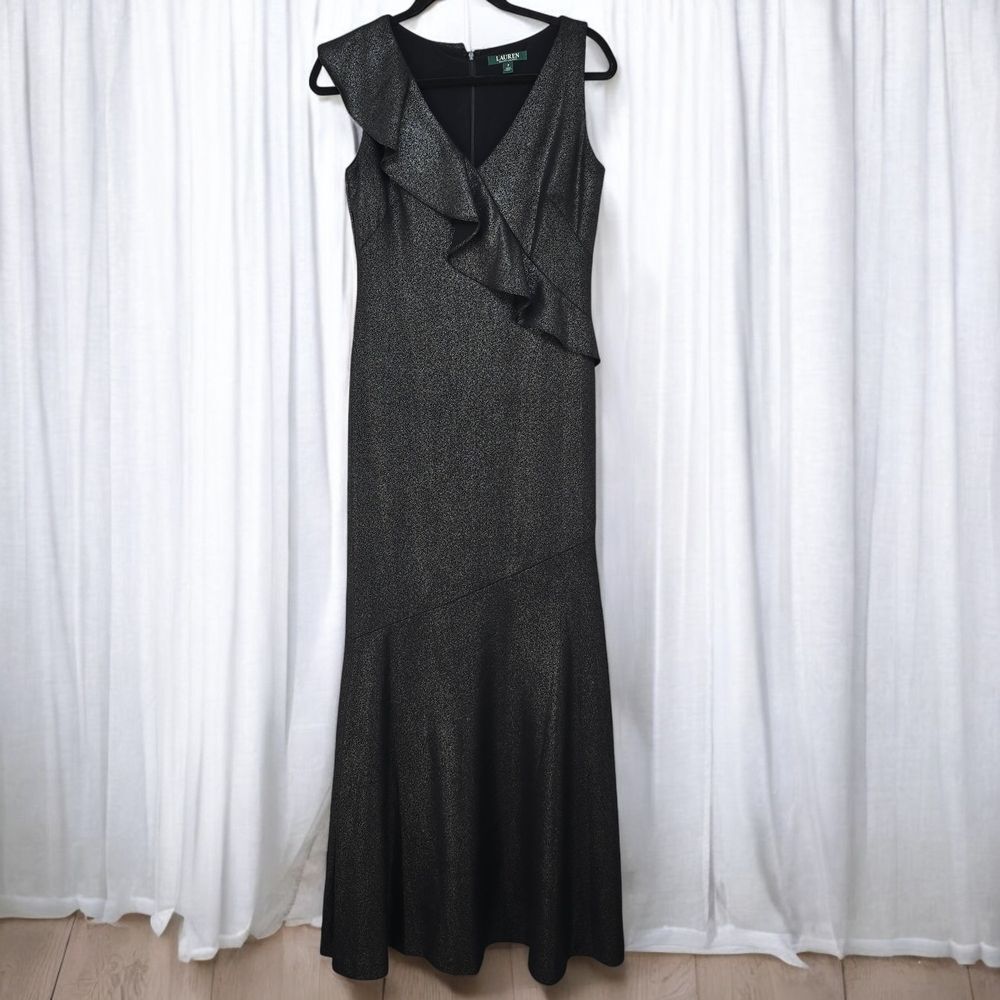 Lauren Ralph Lauren Evening‎ Gown Formal Maxi Dress Size 2 Black Metallic Ruffle